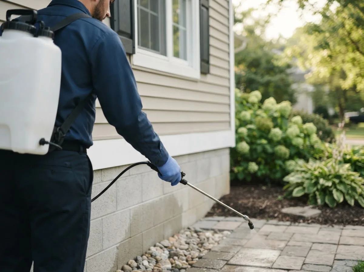 Pest control technician inspecting a home in Pentress, WV